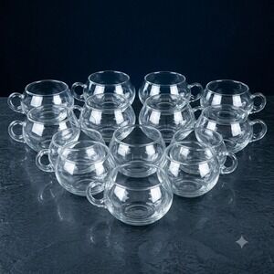 Riekes Crisa Clear Glass Punch Cups‎ Set of 12 Handled Soup Mug Bowls